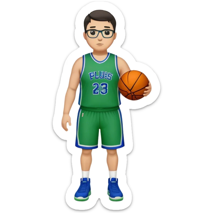 Full Body plus size white male with dark short hair  tall basketball player wearing glasses wearing blue green uniform sticker