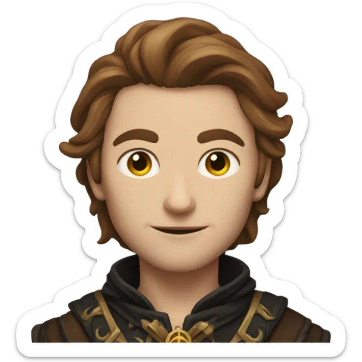 A sun warlock who is pale with brown hair and is holding a black kitten sticker