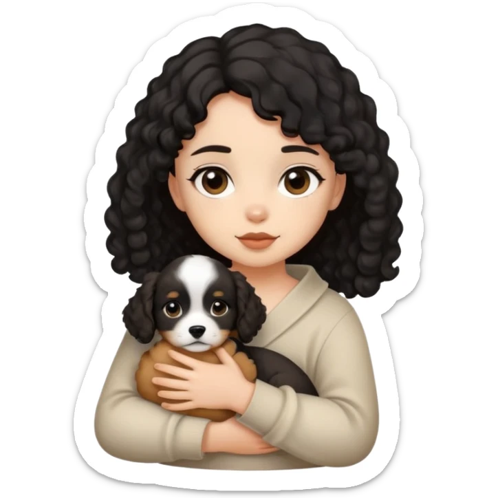 A girl with black slightly curly hair wrapped in a puppy sticker