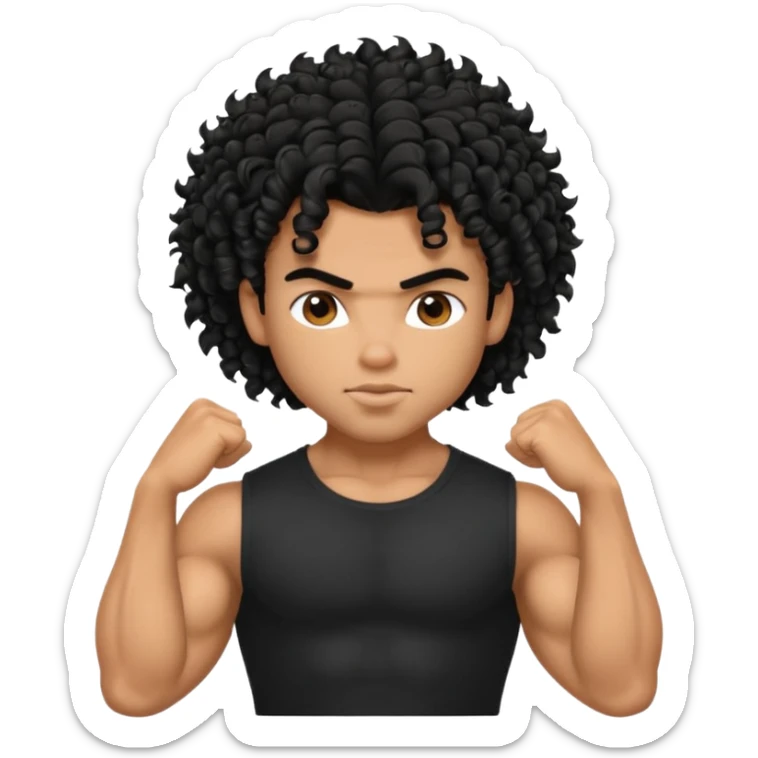 a pretty bratz guy with curly black hair with big muscles and shaggy hair in a tight black tee sticker