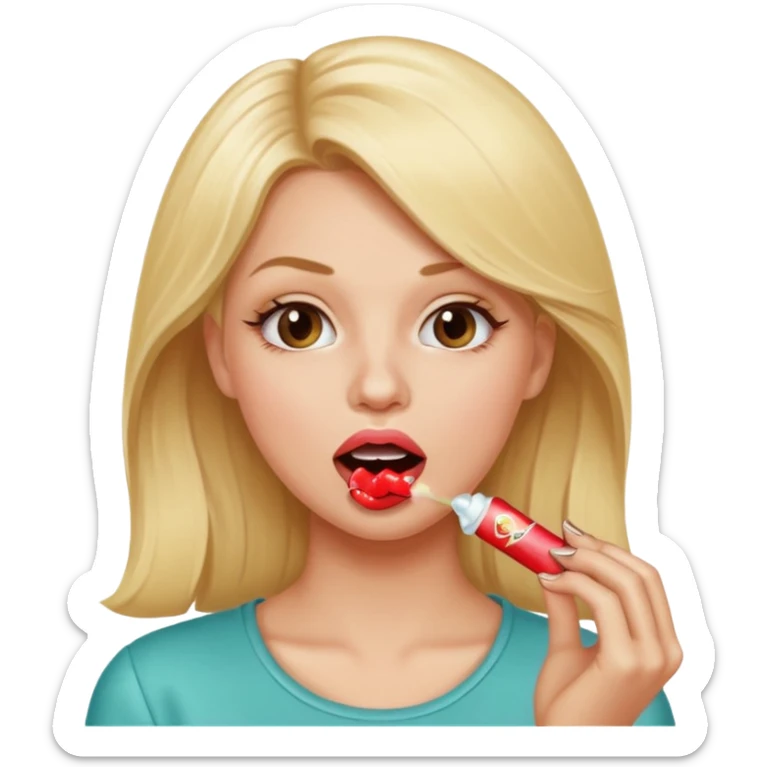Elle fais une peu petasse, elle se mord le coin de la lèvres. Elle est blonde. Ongles vernis marrons. Elle mâche un chewing-gum  sticker