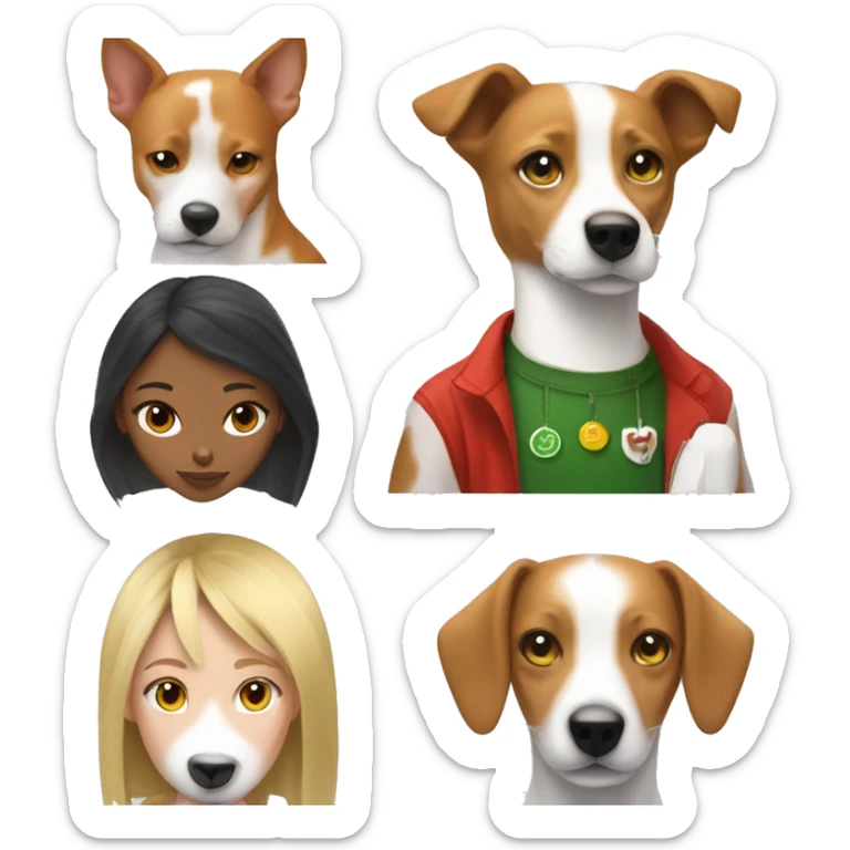 a white green eyed blonde girl and a red and white basenji dog sticker