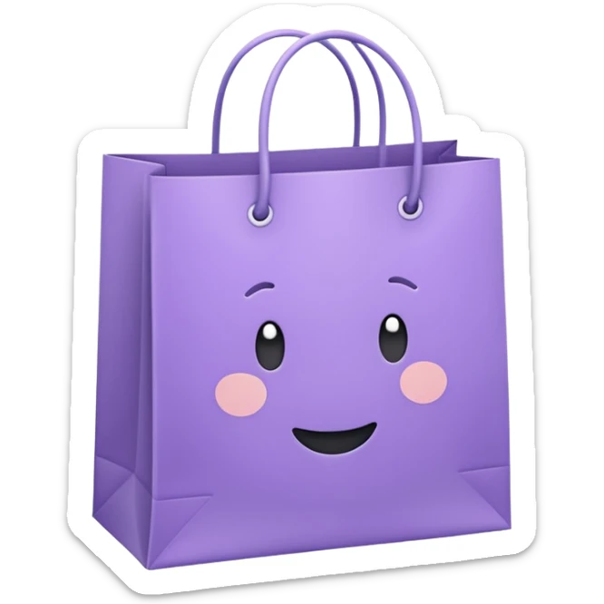 A cute emoji-style illustration of a purple paper shopping bag, pastel purple color, rounded shape, simple clean lines, kawaii style, soft shading, minimal details, centered composition, transparent background sticker