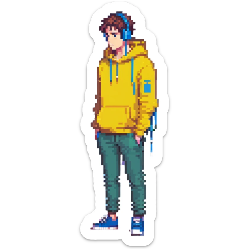 head-to-toe man, yellow hoodie, earbuds, suspicious face, stylized body, standing pose sticker