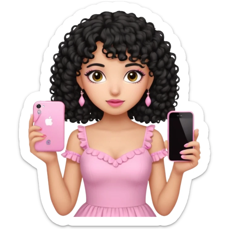 uma menina fofa de pele oliva e cabelos pretos encaracolados e com franja encaracolada e um vestido rosa pastel detalhado e maquiagem levemente rosada enquanto segura um iphone rosa sticker
