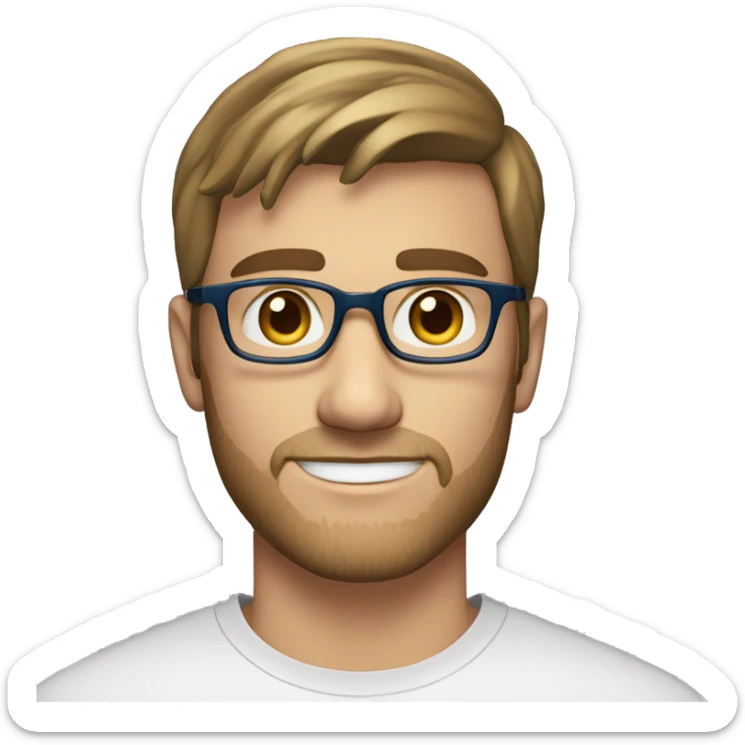 A 27 year old, caucasian man, with short brown hair, with stubble facial hair,  wearing glasses with blue eyes wearing a t-shirt. sticker