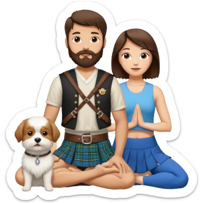 emoji of brunette man with beard wearing kilt, brunette woman in yoga outfit and one white fluffy dog sticker