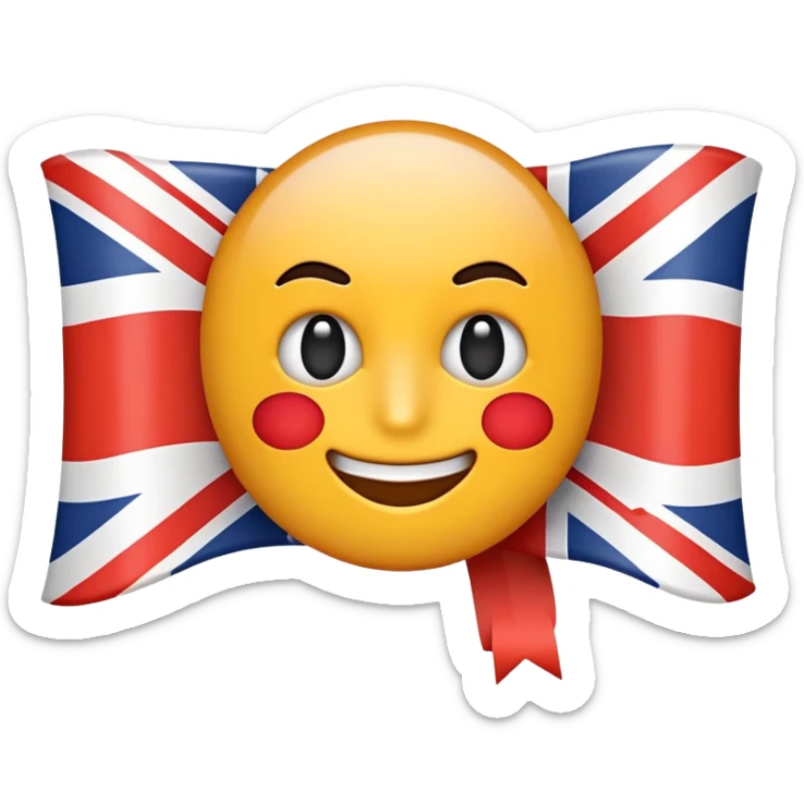 A cartoonish emoji representing English language priority, with the English flag and number 1 symbol sticker