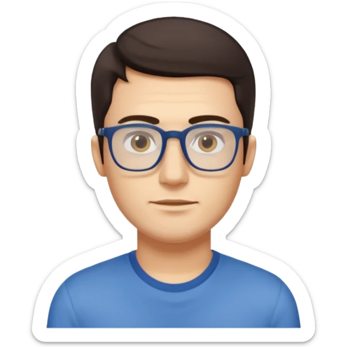 a young man around 30 years old, dark brown eyes, with dark brown hair, longer rectangular face, longer jaw, light yellow skin color, small eyes with rectangle shape glasses, without beard, no forehead wrinkles, wear deep blue shirt sticker