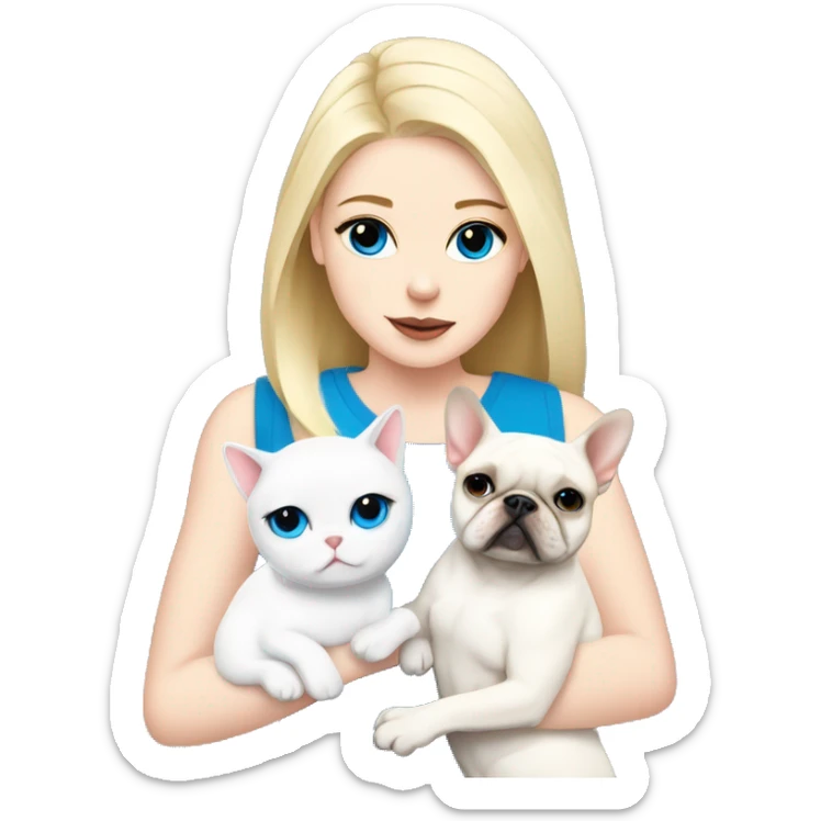 Blonde girl with blue eyes holds White French bulldog and a white cat sticker