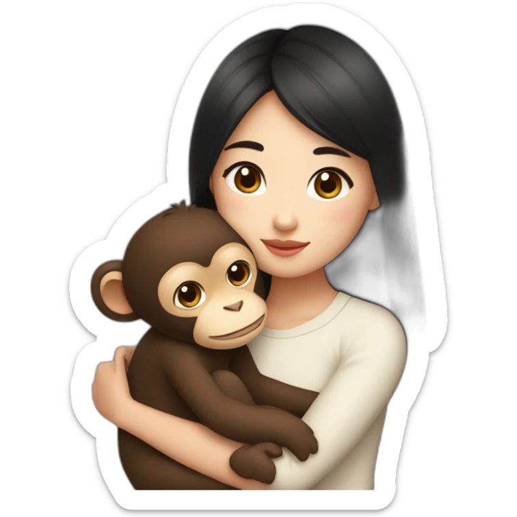 Asian girl with brown eyes and black hair and cute top cuddling a brown lovely monkey sticker