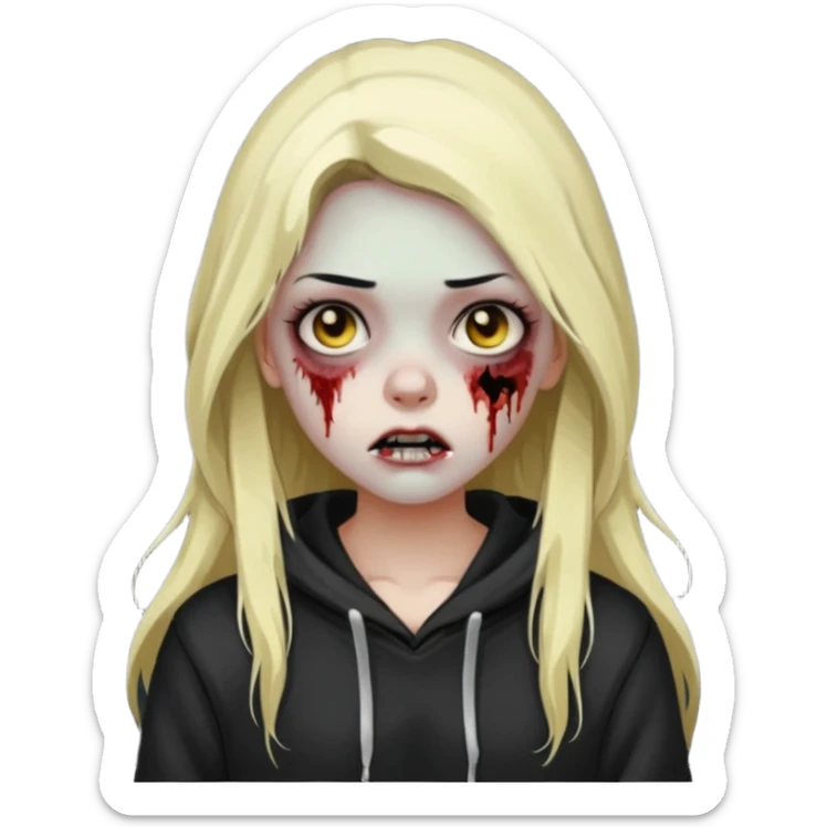 Draw a zombie girl with dark black hair with blonde highlights, long hair, and a hoodie. sticker
