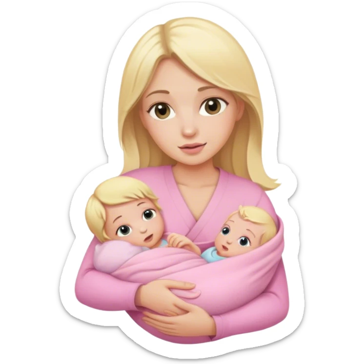 Blonde girl holding a new born baby while the baby is wrapped in pink. sticker