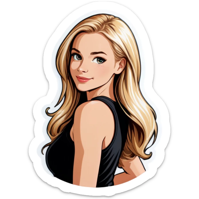 beautiful white girl , with long blond hair, with black tank top, sticker