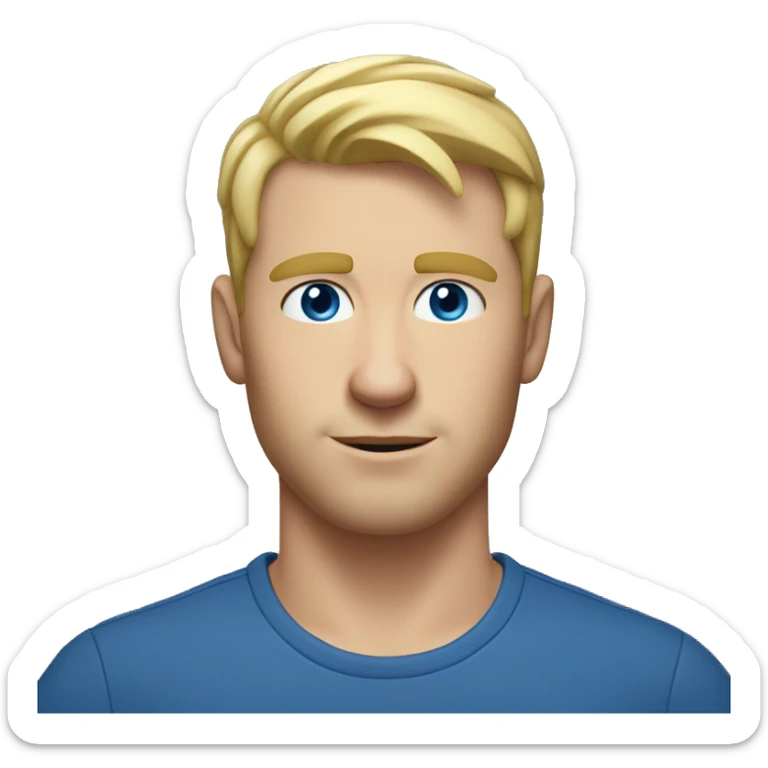 A head and shoulders shot of a 33 year old white man, with short blonde hair,   with blue eyes wearing a t-shirt. sticker