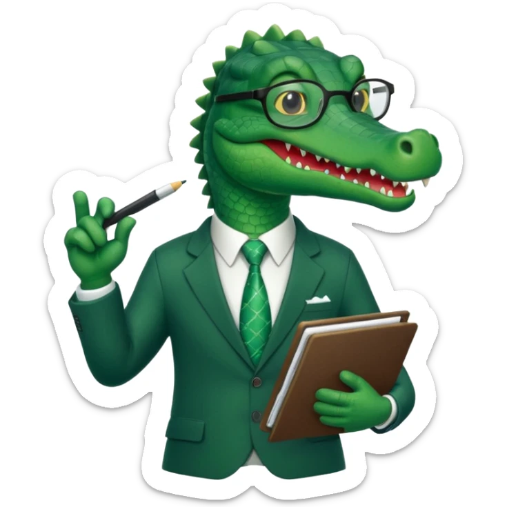 A cartoon alligator in a business suit with a clipboard and glasses sticker