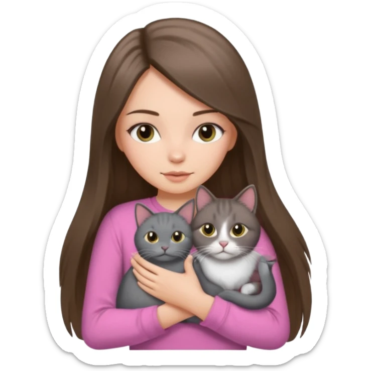 a white girl with brunette long straight hair holding a grey cat. the girl has long lashes and has on a pink shirt and gold jewelry. sticker