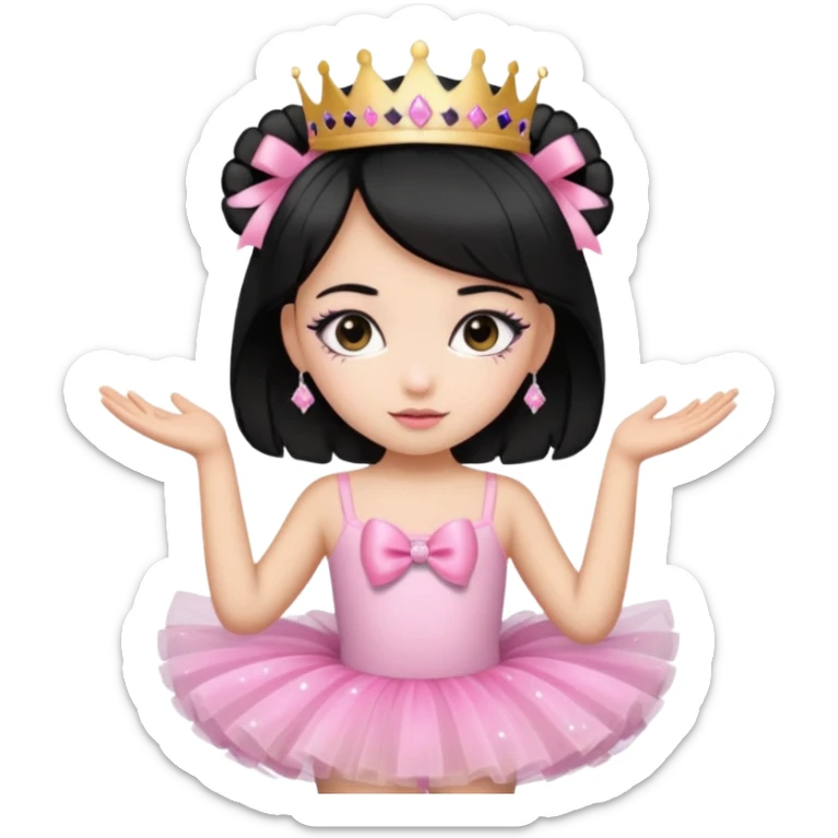 cute girl wearing a tutu, tiara, and a pink glittery bow with black hair sticker
