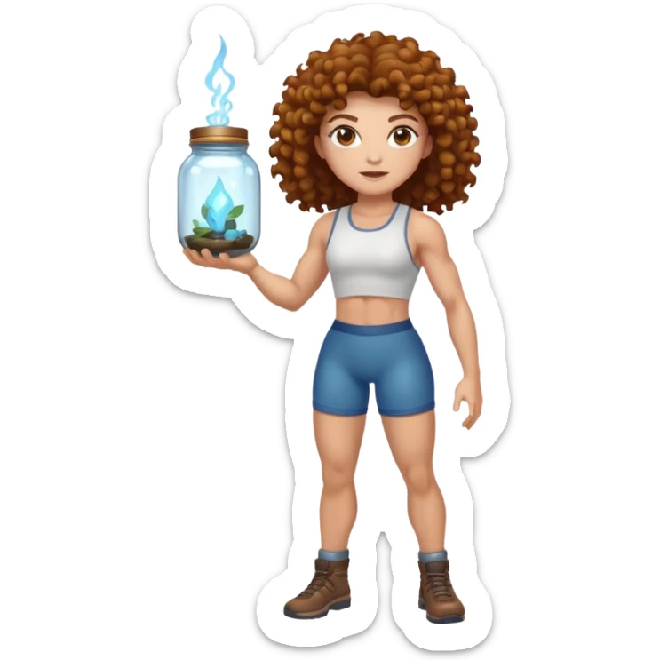 full body woman short curly brown mullet brown eyes white skin muscular build bug catcher spirit with glowing jar sticker