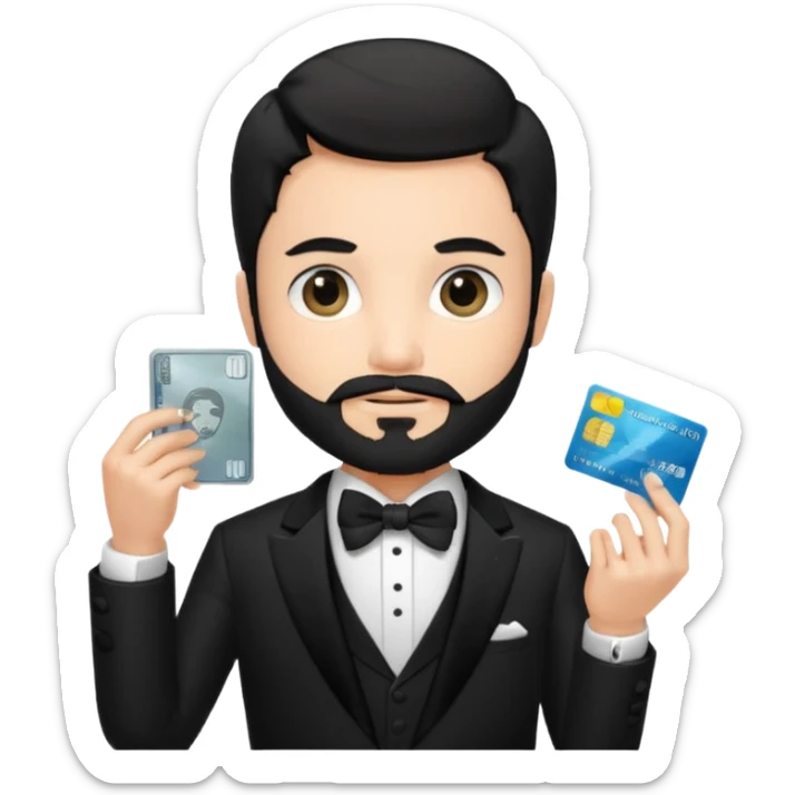 make a genmoji of a boy with a an amex card in hand and wearing a tux, black hair. bearded sticker