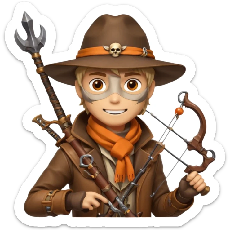male human monster hunter emoji, wearing brown leather coat and wide hat, holding crossbow or rifle, with amulet shaped like skull, Halloween fantasy theme, confident smile, orange scarf, Apple emoji style, clean white background, square image sticker