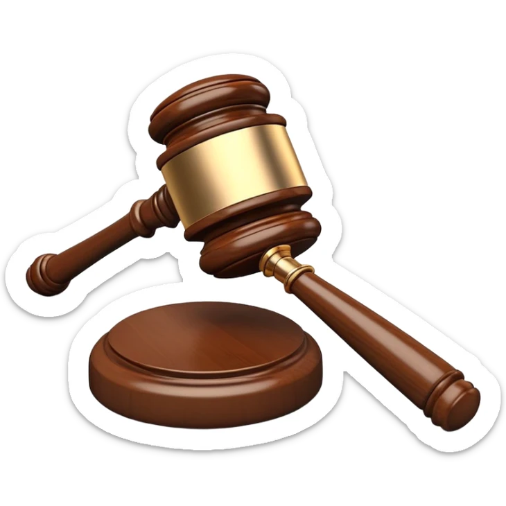 An emoji representing justice and penalty. A wooden judge's gavel striking a sound block, symbolizing a legal decision or punishment. The design is simple, 3D, and slightly glossy, resembling official court decisions sticker
