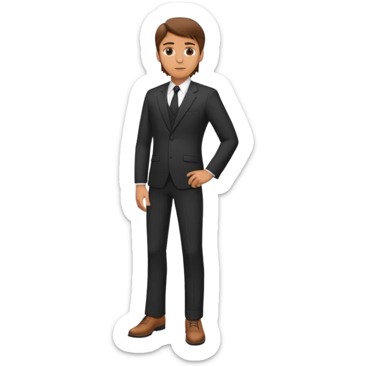 Caucasian male, brown hair, standing wearing dark suit and shoes, with hands on hips sticker