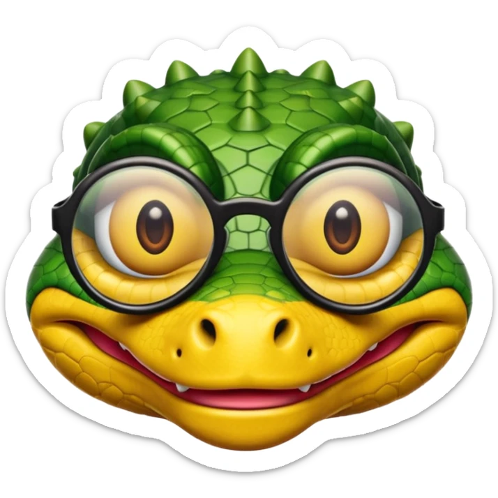 Cocodrilo con boca cerrada mirando de frente que tengan lentes negros y oscuros y sea color amarillo con fondo blanco sticker