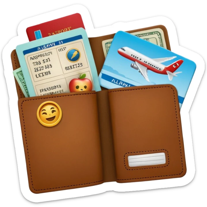emoji of passport with sticking out airplane tickets, Apple emoji style, colors #173e12 and #c1a793, no text sticker