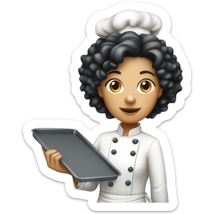 a white black curly hair female pastry chef, full body standing up holding a baking tray sticker