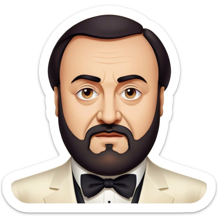 Cinematic Realistic Luciano Pavarotti Portrait Emoji, depicted as a charismatic operatic tenor with expressive eyes and commanding stage presence, rendered with rich elegant textures and warm theatrical lighting that captures his timeless vocal brilliance. sticker