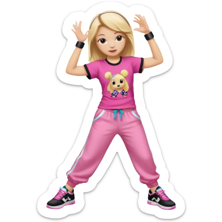 Hiphop dancer, with cute big pants, sneakers, and t-shirt. White girl blond. Coloufull shirt. No pocket pants. Dancing. No orange. Pink and black. No sweatband on the wrist, music box behind her sticker