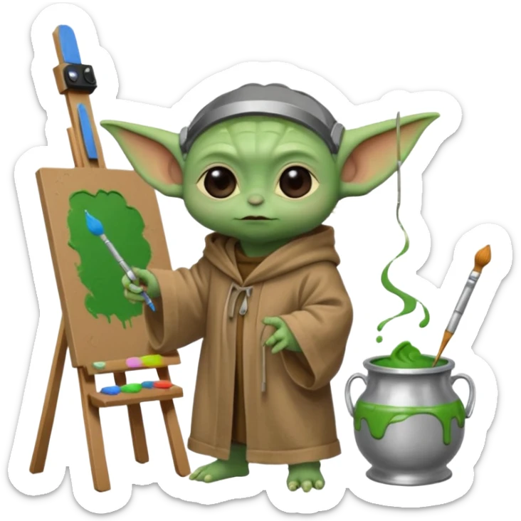 Baby Yoda in his brown robe listening music on his headphones, painting a picture on an easel and surrounded by paint pots. sticker