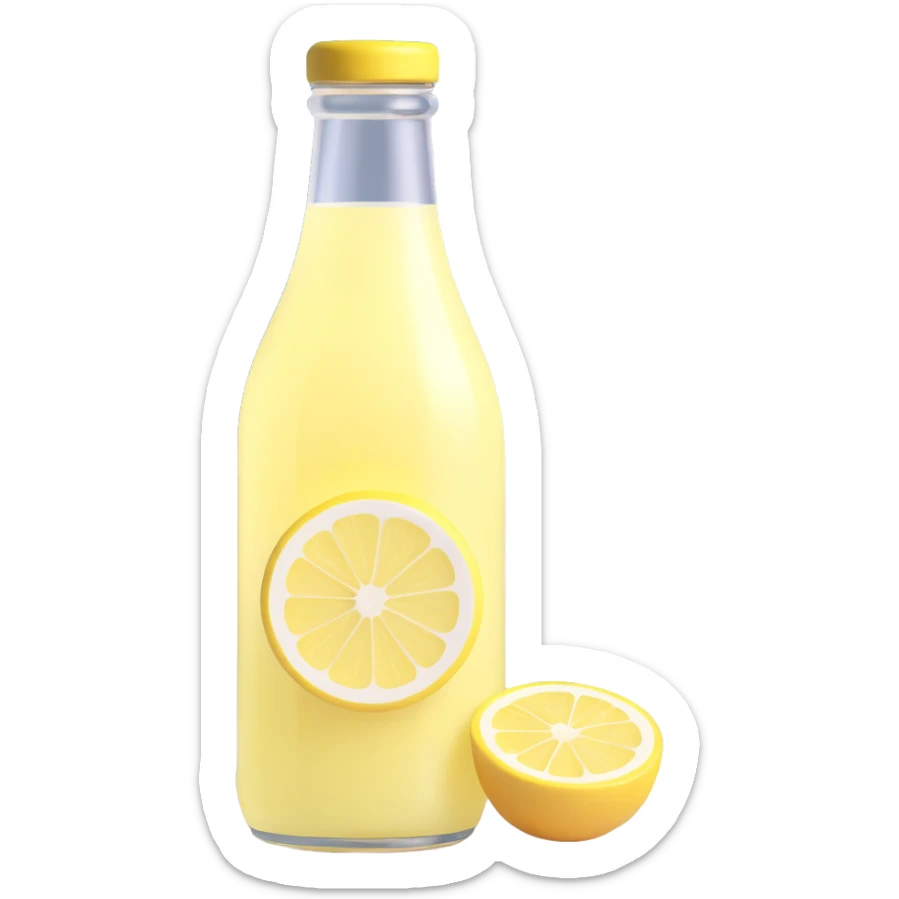 glass bottle of pale yellow lemonade, slightly translucent with a lemon slice, fresh look, no straw, clean 3D style, soft lighting sticker
