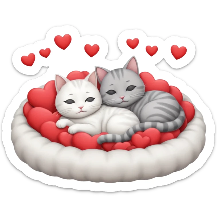 White cat and gray cat sleeping together in a bed full of hearts sticker