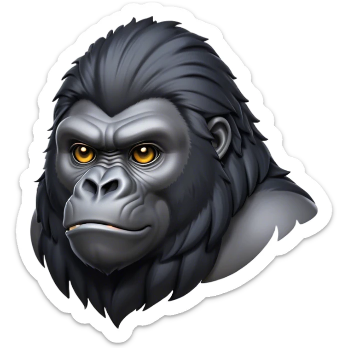 Cinematic Noble mountain Gorilla Portrait Emoji, Poised and majestic, with a powerful, muscular frame accentuated by a distinguished black and grey mane and piercing, wise eyes, Simplified yet sharp and sophisticated features, highly detailed, glowing with a soft, regal jungle glow, high shine, intelligent and commanding, stylized with an air of imperial strength, focused and resolute, soft glowing outline, capturing the essence of a watchful guardian that feels as though it could step out of the screen with effortless authority! sticker