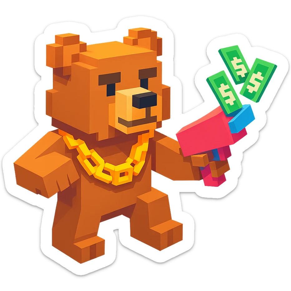 Russian grizzly bear in a rapper pose, wearing a chain and holding a money gun sticker