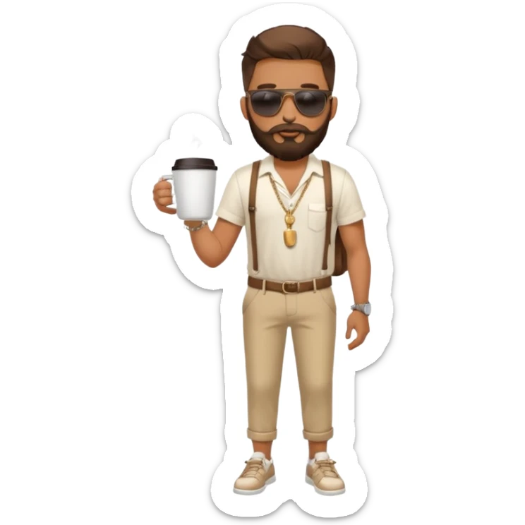 stylish bearded male traveler with coffee cup on hand, cool sun glasses with chain strap, white shoes, sticker