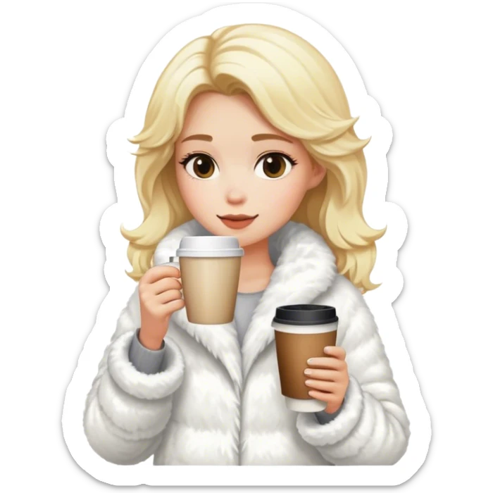 blonde girl wearing white fluffy jacket and a coffee to go in hand sticker