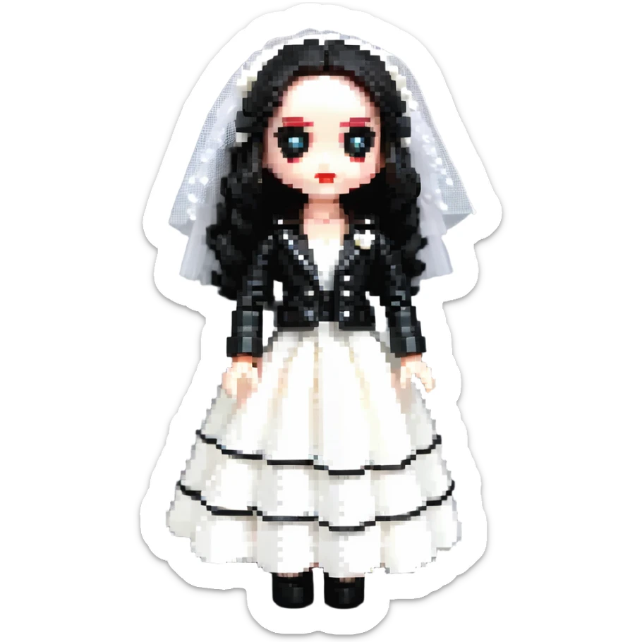 Chucky's bride doll wearing a black dress and black leather jacket, with dark makeup sticker