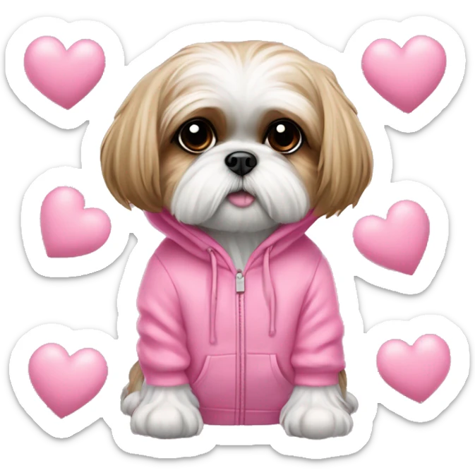 one very cute shih tzu girl and one maltaise dog wearing a pink hoodie with hearts sticker