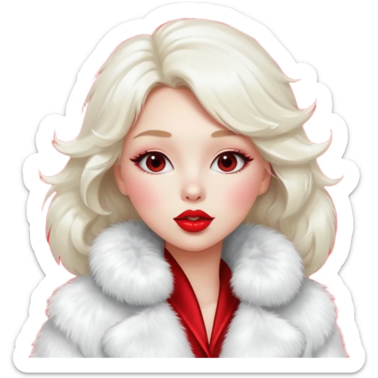 A beautiful, cute girl with red lipstick on her lips is posing for a photo in a white fur coat, and she's seen in full view, blowing a kiss. sticker