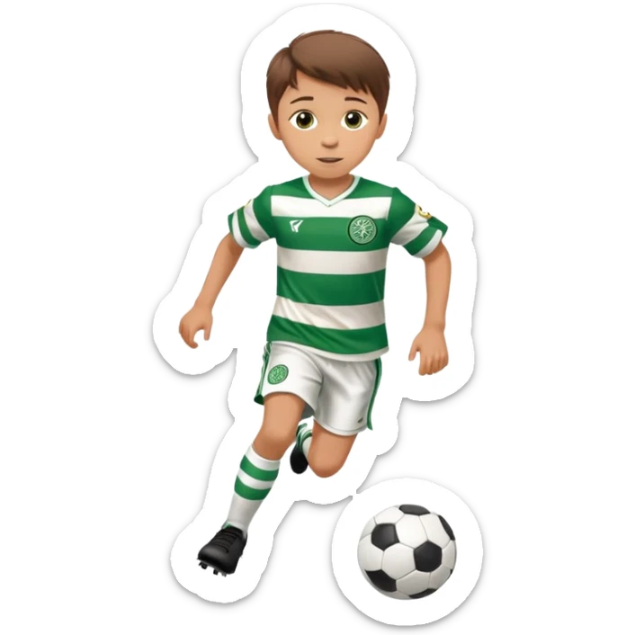Celtic footballer jersey logo  6 years old brown hair white boy , stripes uniform , RUNNING  with soccer ball # 17 celtic football logo PUT ONLY ONE LOGO sticker
