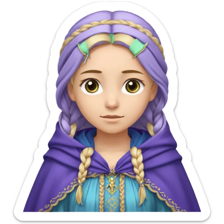 
mujer, Joven, de aspecto dulce y elegante.
Piel clara, ojos grandes y expresivos (pueden ser azules o verdes), sonrisa triste.
Rubio o castaño claro, largo, con trenzas o velo.
Vestido largo de tonos suaves (blanco, azul o lavanda), con bordados dorados; un manto o toca fina cubriendo la cabeza.
 sticker