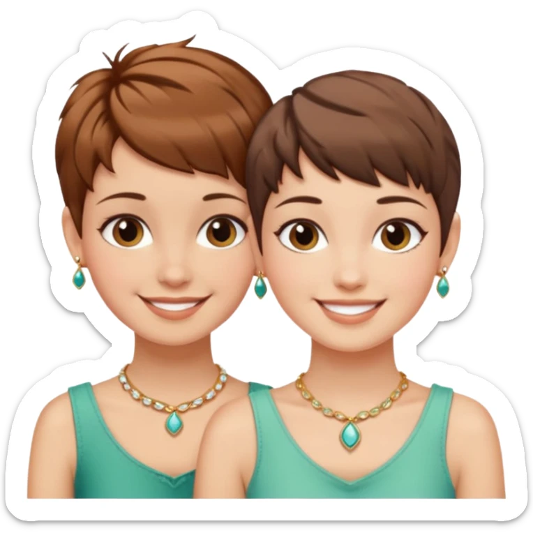 Fair skin and brown colored besties with brown hair pixie cuts wearing jewelry  both brown hair  sticker
