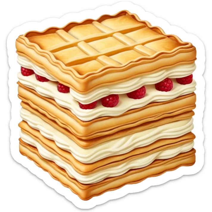 Mille-feuille Cinematic Realistic Mille-Feuille Dessert Emoji, depicted as a delicate pastry composed of two crisp layers of puff pastry with a rich cream filling, rendered with intricate textures and elegant, soft lighting. sticker