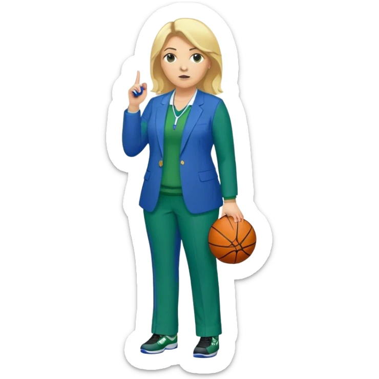 Full Body white plus size female basketball head coach with whistle  blonde hair shoulder length in a blue and green suit sticker