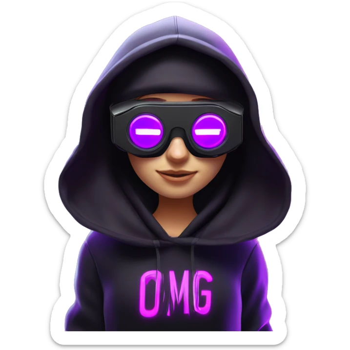 Russian girl wearing black hoody with violet letters "OMG", in vr headset oculus quest2. Dancing. Cyberpunk style. Violet neon. sticker