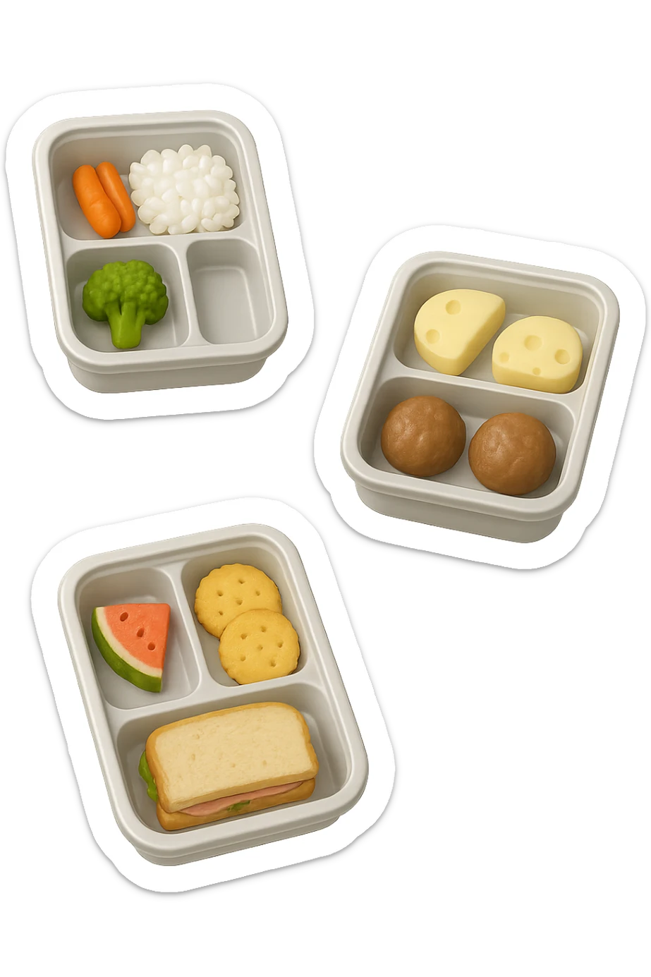 EMOJI STILE IPHONE DI UN 3 schiscette con poco cibo dentro, fluttuano in aria REALISTICA 4K sticker