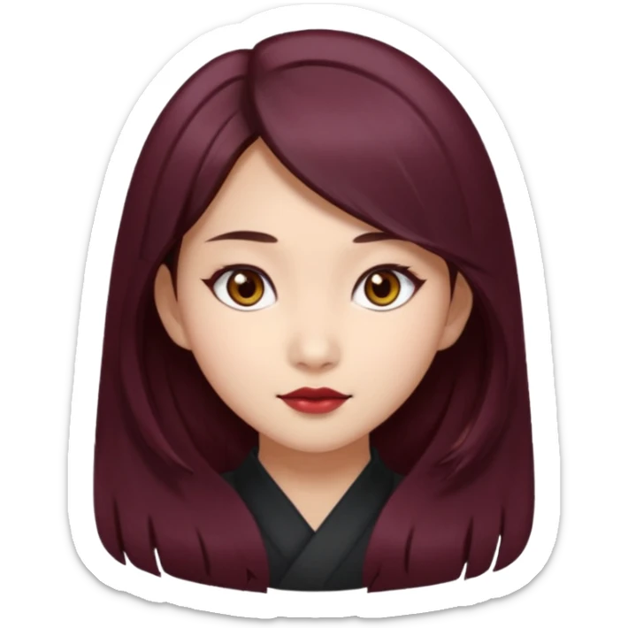 asian girl, long dark burgundy brown hair, hazel brown eyes, half lidded eyes, wolfcut hairstyle sticker